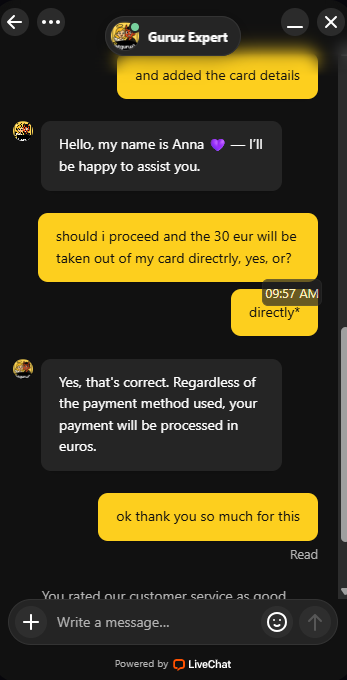 Kuvakaappaus englanninkielisestä live-chat vastauksesta.