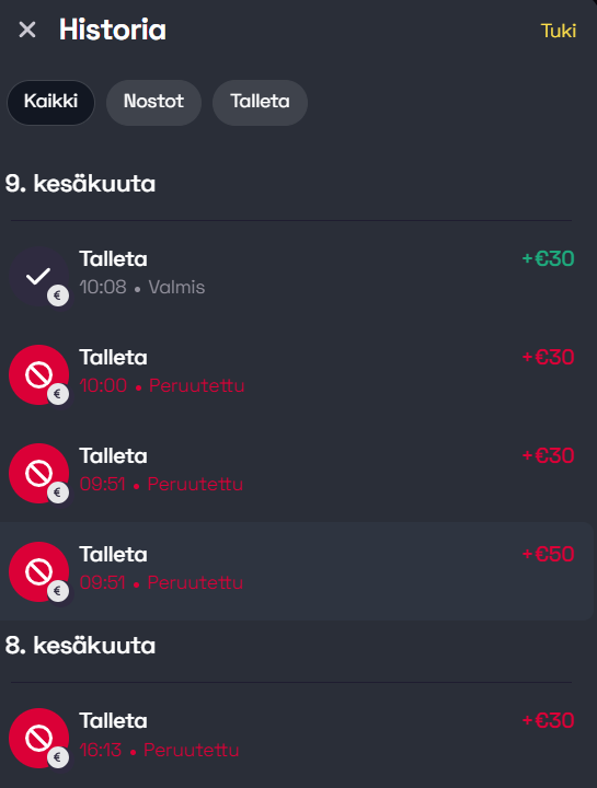 30 euron talletuksen tiedot kuvakaappauksena.