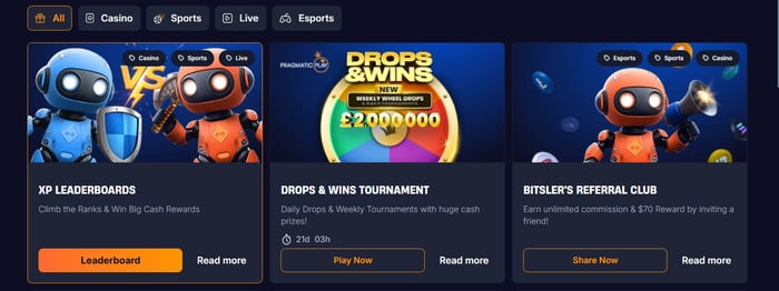 Bitsler Casinolla on useita erilaisia bonuskampanjoita ja turnauksia, kuten Drops &amp; Wins.