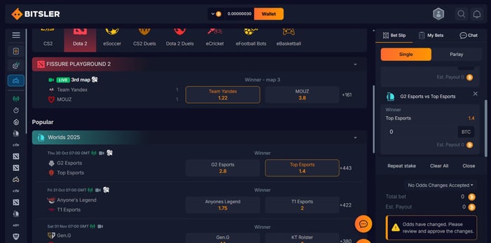 Bitsler Casinon vedonlyöntikohteissa eSports on vahvasti edustettuna.