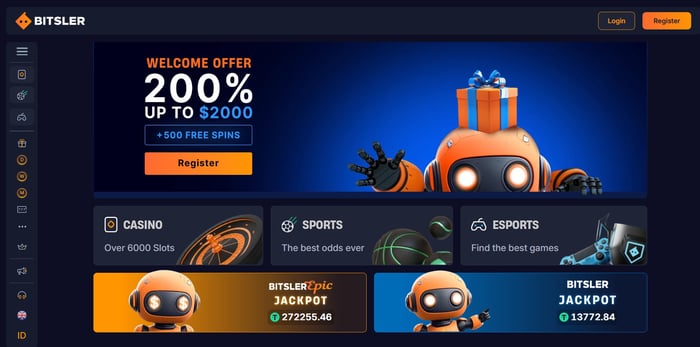 Bitsler Casino etusivu näyttää 200 % tervetulobonuksen ja kasinon, urheiluvedonlyönnin ja eSports-osion.