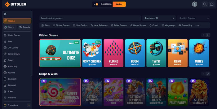 Bitsler Casinon pelivalikoimaan kuuluu useita kasinopelejä, kuten Ultimate Dice, Risky Chicken ja Plinko.