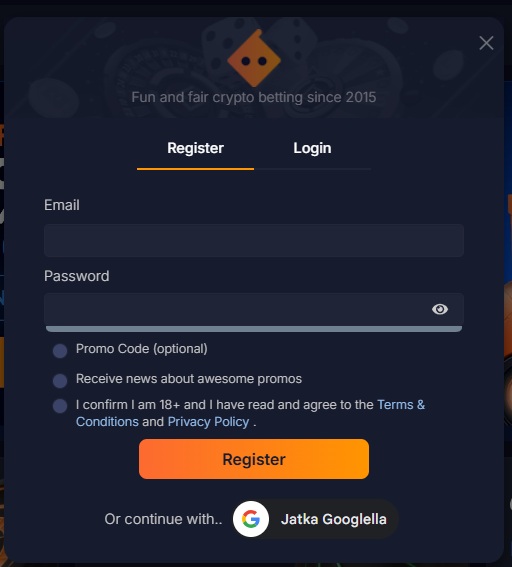 Bitsler Casino rekisteröinti tapahtuu täyttämällä lomakkeeseen sähköpostin ja salasanan tai käyttämällä Google-tunnuksia.