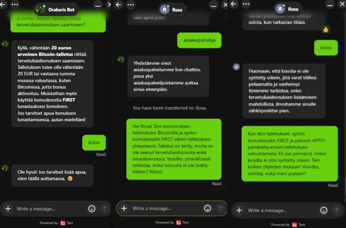 Drakaris Casinon livechat: botti siirtää keskustelun asiakaspalvelija Rosalle bonuskysymyksessä.