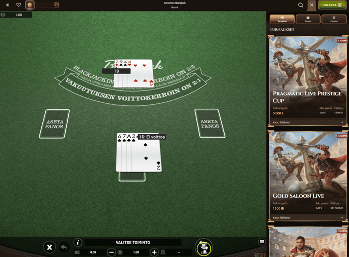 American Blackjack -pelissä pelaajan käden arvo on 16 ja jakajan 19.