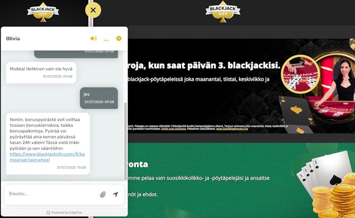 Nopea live-chat asiakaspalvelu Blackjack City Casinolla