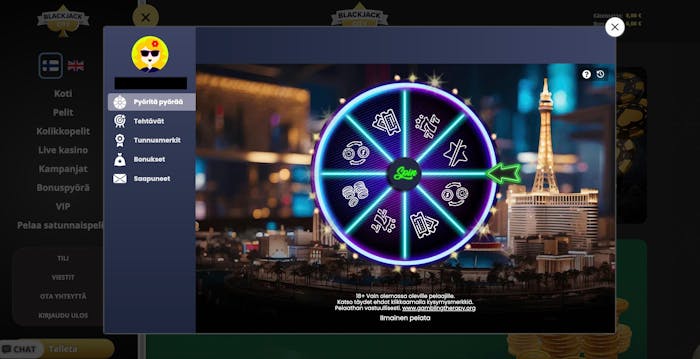 Bonuspyörä Blackjack City casinolla palkitsee bonuskierroksilla- ja palkinnoilla.