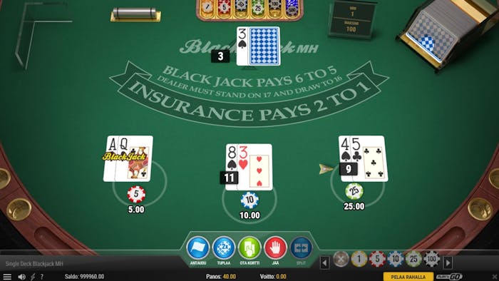 Single Deck Blackjack -pöytä näyttää miten blackjack saavutetaan.