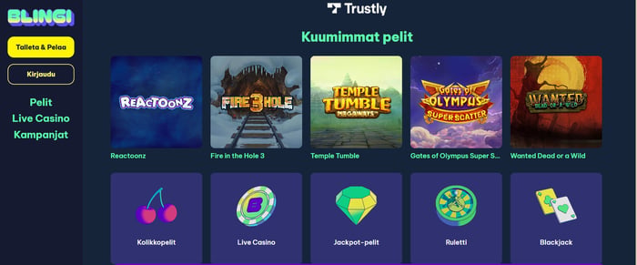 Blingi kasinon etusivun pelivalikoimaa.
