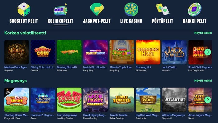 Blingi Casinon kolikkopeliaulan pelivalikoimaa.