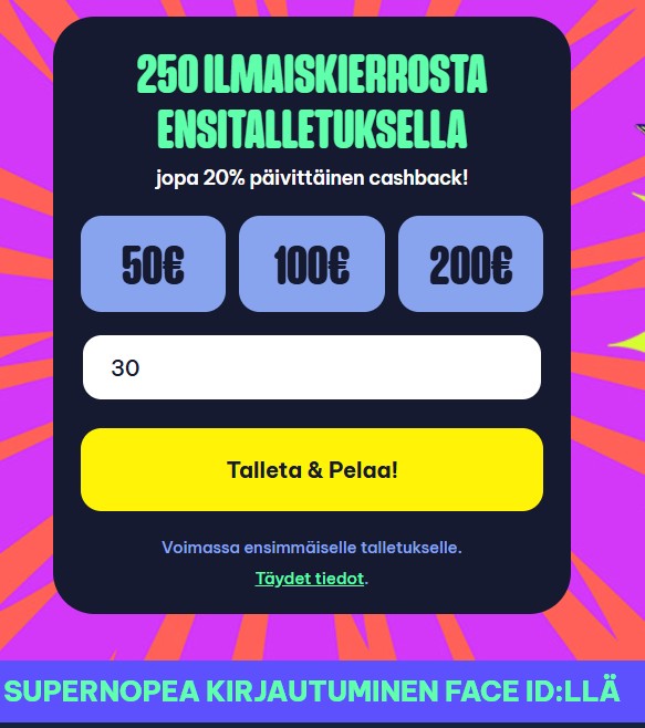Blingi Casinon talletuslomake 30 euron summalla.