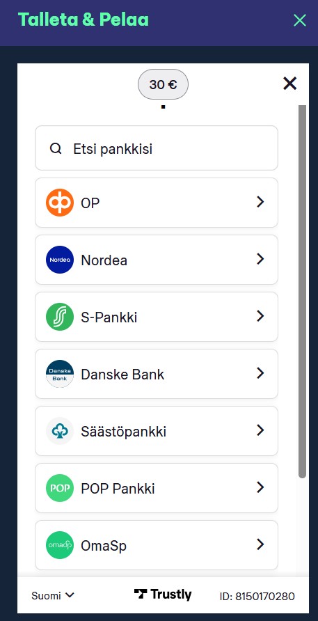Pankkivaihtoehdot Blingin talletusvaiheessa.
