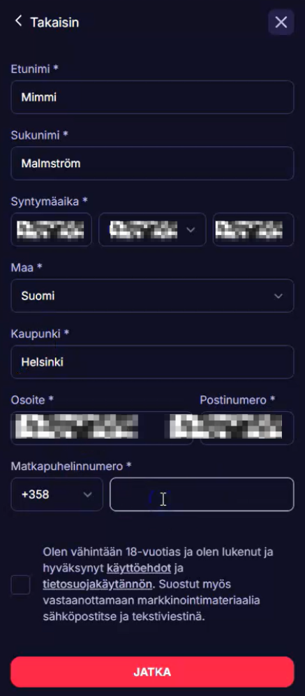 Reel Raven Casinon rekisteröintilomake henkilötietojen täyttämistä varten