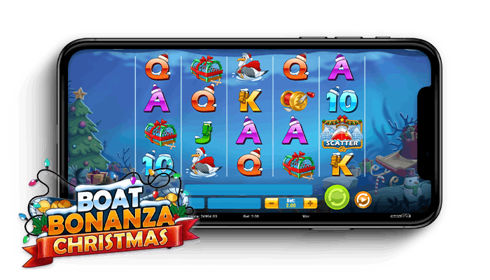 Boat Bonanza Christmas kolikkopelin logo ja puhelin, jossa näkyy peliruudukko symboleineen.