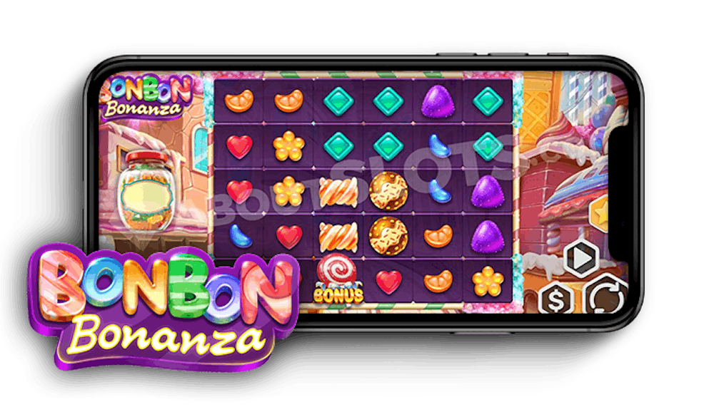Bonbon Bonanza slotin logo ja peliruudukko puhelimen näytöllä.