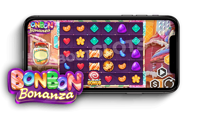 Bonbon Bonanza slotin logo ja peliruudukko puhelimen näytöllä.