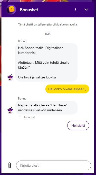 Bonusbet kasinon chat-asiakaspalvelu.