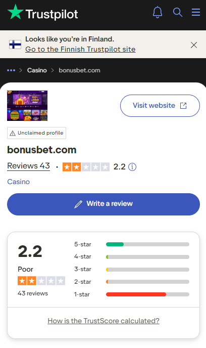 Bonusbet kasinon Trustpilot-arvostelujen yhteenveto.