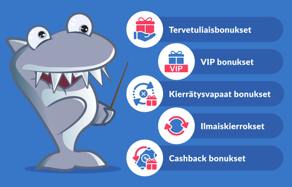 Kasinohai listaa suosituimpia kasinobonuksia, kuten tervetuliaisbonukset ja ilmaiskierrokset.