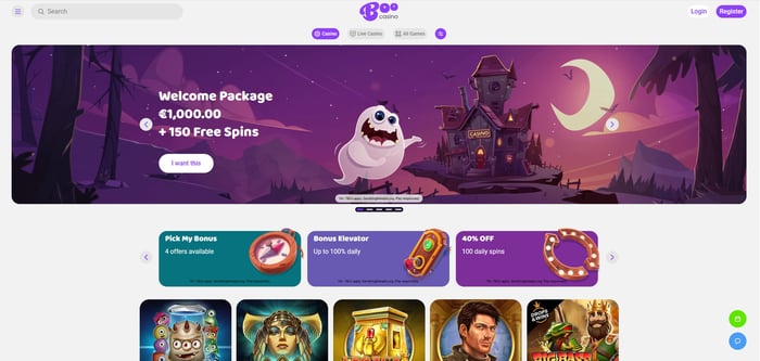 Boo Casino etusivu näyttää 1000€ + 150 ilmaiskierrosta tervetulobonuksen. Etualalla kummitus ja kummitustalo.