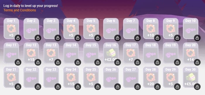 Boo Casino jakaa päivittäisiä bonuksia sisään kirjautumisesta, kuten 5 ilmaiskierrosta.