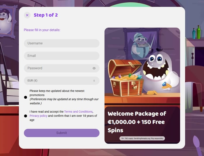 Boo Casino rekisteröintilomake on englanniksi ja siihen täytetään käyttäjänimi, sähköposti, salasana ja valuutta.