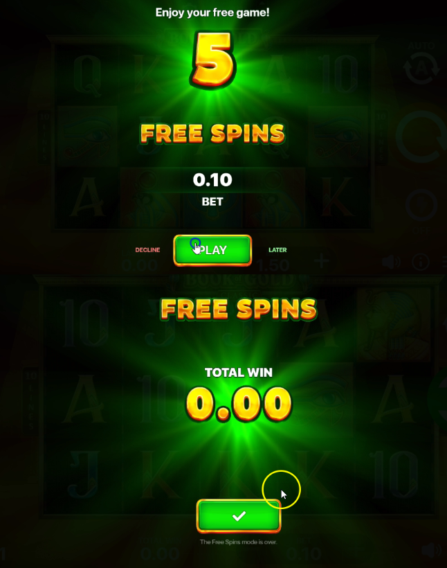 WinSpirit Casinon Book of Gold Classic -pelin 5 ilmaiskierrosta 0,10 € panoksella – kokonaisvoitto 0,00 €