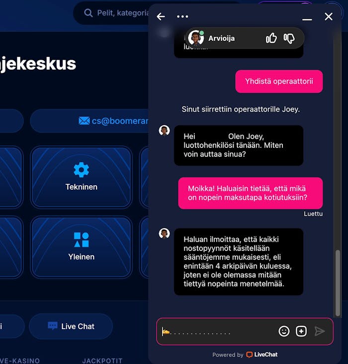 Keskustelu live-chatissa Boomerang Bet casinolla