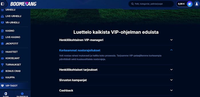 Boomerang Bet Casino VIP-ohjelman etuja