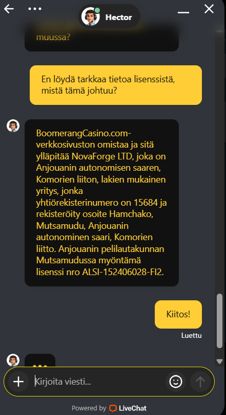 Boomerang asiakaspalvelu