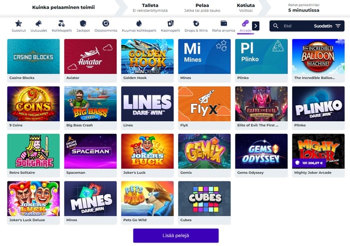 Boost Casinon arcade‑pelisivu, jossa näkyy useita erikoispelejä kuten Aviator, Mines, Plinko, Big Bass Crash, Spaceman, Gemix ja muita crash‑ ja arcade‑tyylisiä pelejä ruudukkomaisena listana