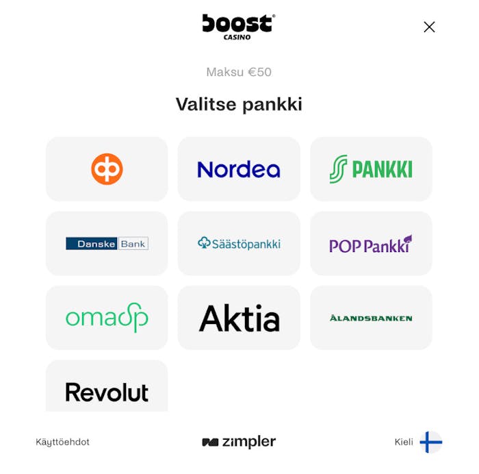 Boost Casinon maksutapa on Zimpler joka tukee suomalaisia pankkeja