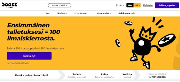 Boost Casinolla miminitalletuksena on 5 euroa mutta bonuksen saa 10 eurolla.