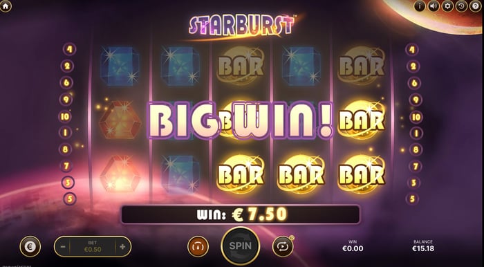 Kuva, jossa näkyy 7,50 € kokoinen voitto Starburst-pelissä.