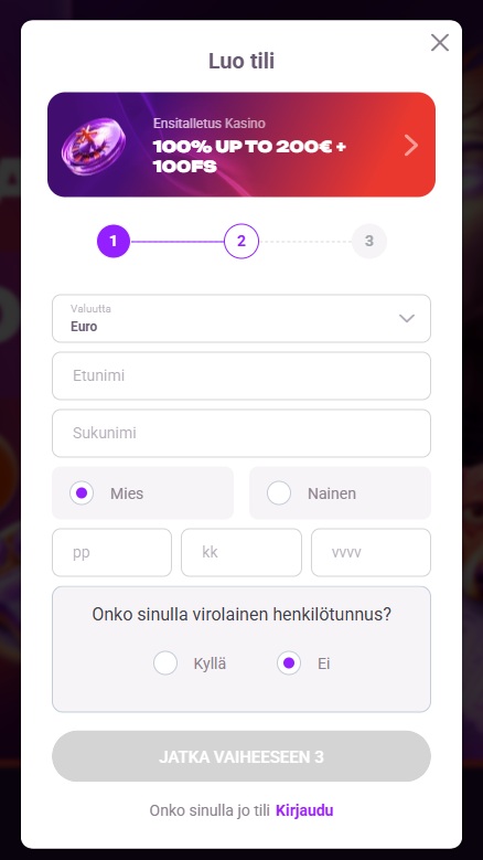 Tonybet Casinon rekisteröitymisen toinen vaihe, jossa täytetään valuutta, nimi, sukupuoli ja syntymäaika.