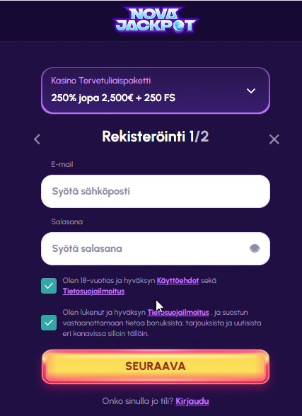 NovaJackpot-kasinon rekisteröintilomakkeen ensimmäinen vaihe sähköpostiosoitteen, salasanan ja ehtojen hyväksymiseen.