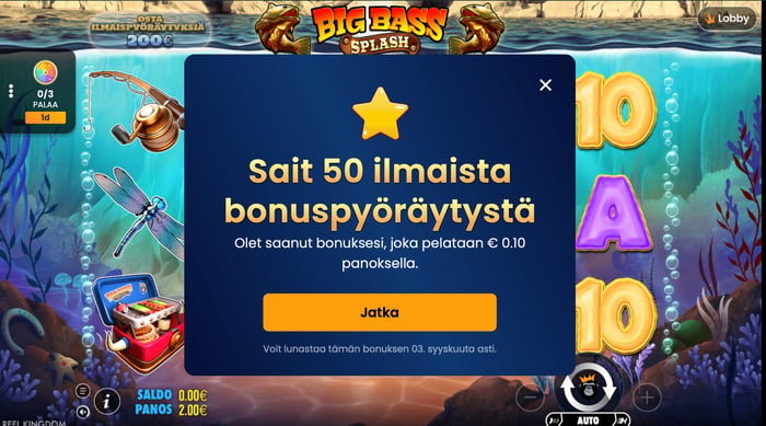 Gamblegorilla Casinon tervetuliaisbonukseen kuuluu 50 ilmaiskierrosta Big Bass Splash -pelissä.