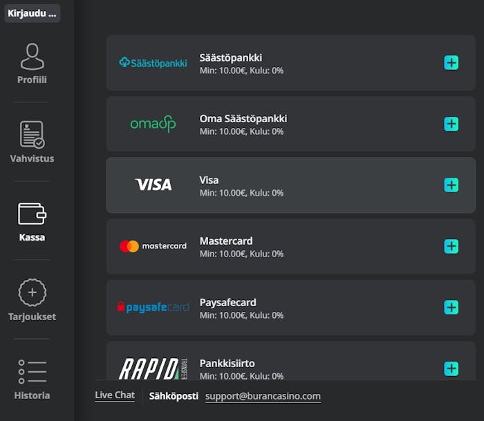 Buran Casino Visa talletus