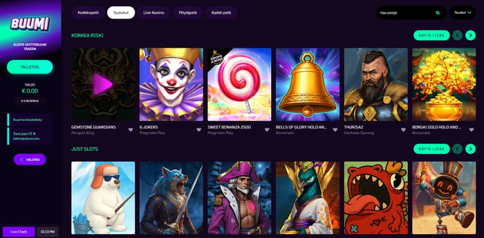 Buumi Casino etusivu näyttää korkean riskin slotit ja Just Slots -kategorian.