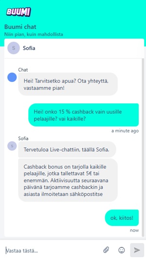 Buumi Casinon live-chat, jossa vahvistetaan 15% cashbackin olevan kaikille vähintään 5 € tallettaville pelaajille..
