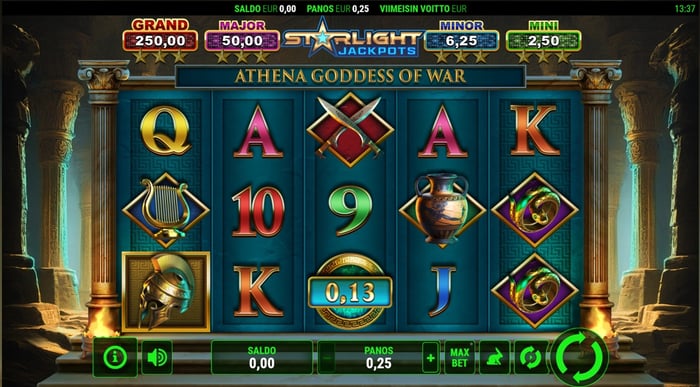 Buumi Casinon Starlight Jackpots Athena Goddess of War -kolikkopeli, jossa näytetään neljä eritasoista jackpotia (Mini, Minor, Major, Grand) keltojen yläpuolella..