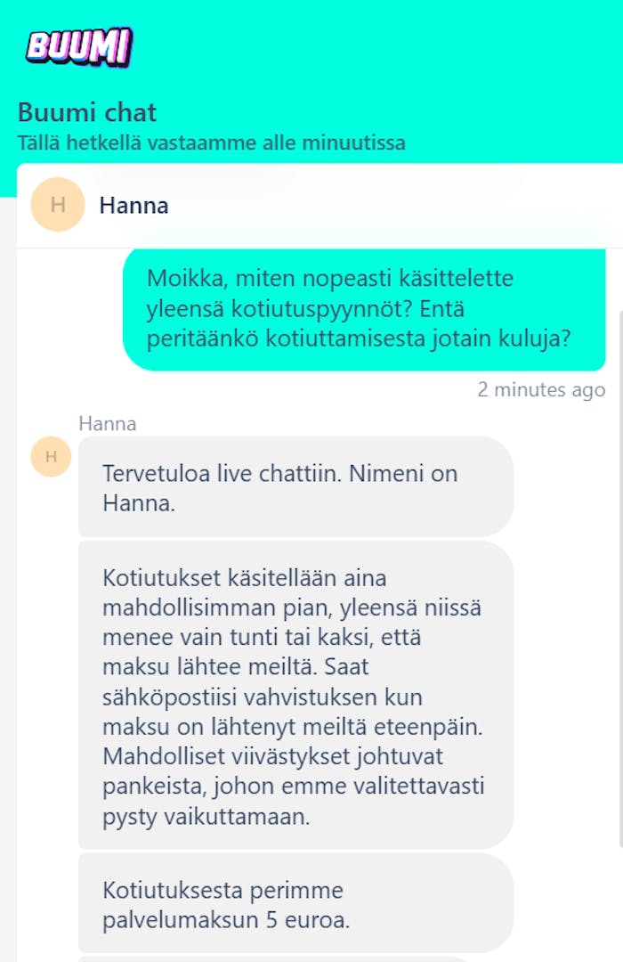 Buumi Casinon asiakaspalvelun chat, jossa tiedustellaan kotiutusten nopeuksista ja kuluista.