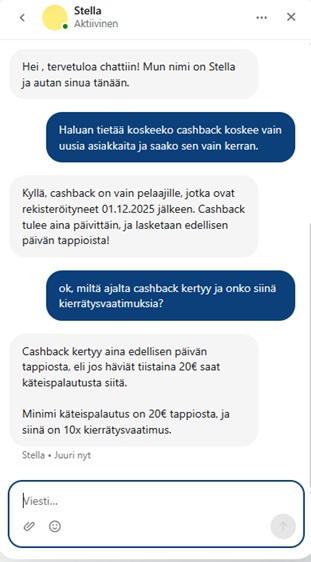 Chat-keskustelu Buusti Kasinon asiakaspalvelijan kanssa, jossa vahvistetaan, että cashback on vain 1.12.2025 jälkeen rekisteröityneille uusille pelaajille, kertyy edellisen päivän tappioista ja siinä on 20 € minimipalautus sekä 10x kierrätysvaatimus.