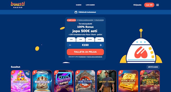 Buusti Casinon etusivu n?ytt?? tervetulobonuksen ja kutsuu tallettamaan ja pelaamaan.