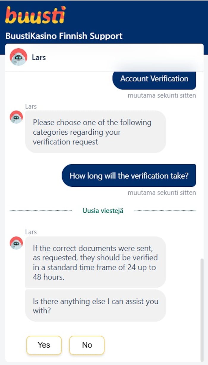 Buusti Casino live chat botti kysymys KYC-prosessista.