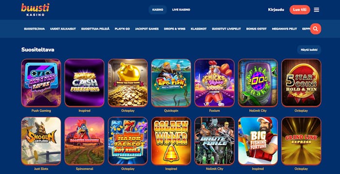 Buusti Casinon etusivu pelivalikoimasta l?ytyv?t suositut pelit, kuten Big Fishing Fortune