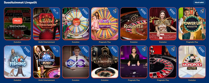 Buusti Kasinon ”Suosituimmat livepelit” ‑osio, jossa näkyy rivillinen Evolutionin ja Pragmatic Playn live‑pelejä, kuten World Cup Roulette, Majestic Wheelshow, Crazy Time, Sweet Bonanza Candyland, Free Bet Blackjack, Power Up Roulette, Lightning Roulette ja Monopoly Live.