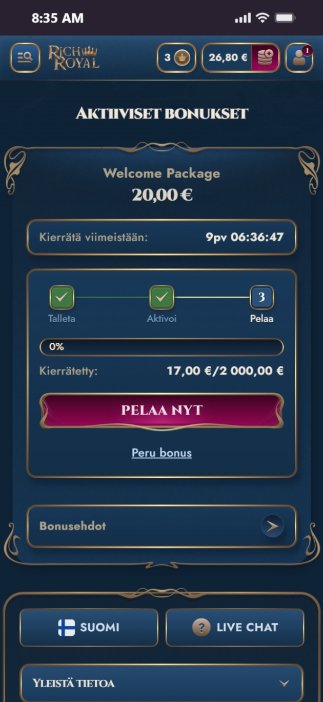 Rich Royalin kierrätys 0 prosentin kohdalla, 17 euroa panostettuna.
