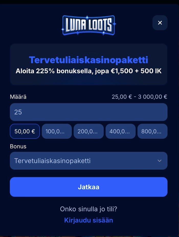 25 euron talletus Luna Lootsille.
