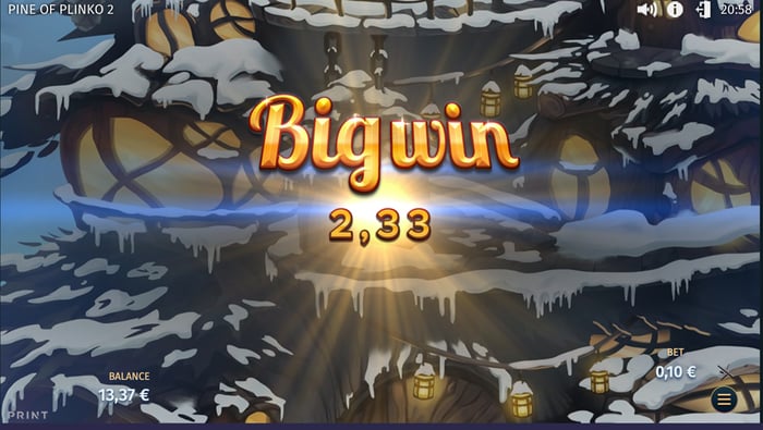 2,33 euron voitto Pine of Plinko 2 -pelistä.